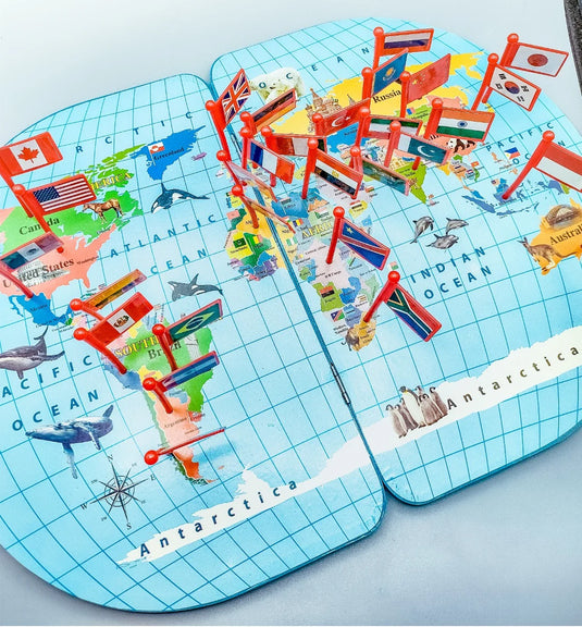Wooden World Map With Recognition 30 Countries Flags