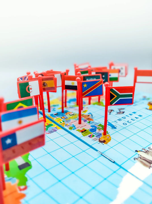 Wooden World Map With Recognition 30 Countries Flags