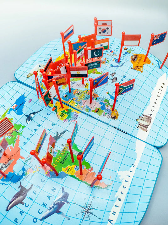 Wooden World Map With Recognition 30 Countries Flags