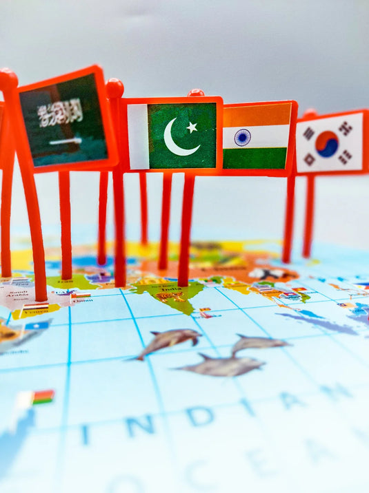 Wooden World Map With Recognition 30 Countries Flags